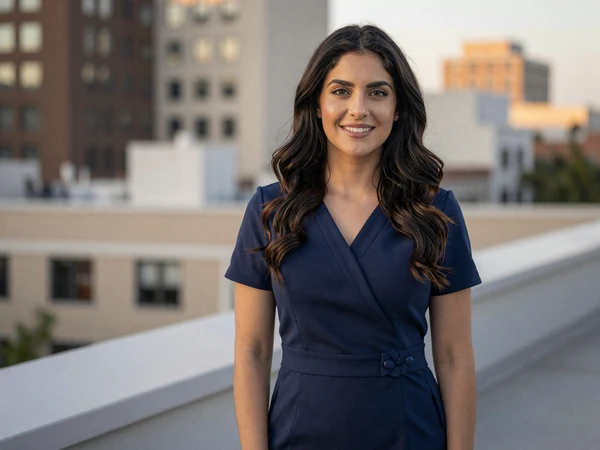 Female endocrinologist in an elegant dress on a city rooftop