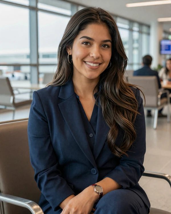 Confident Latina travel nurse smiling in an airport lounge