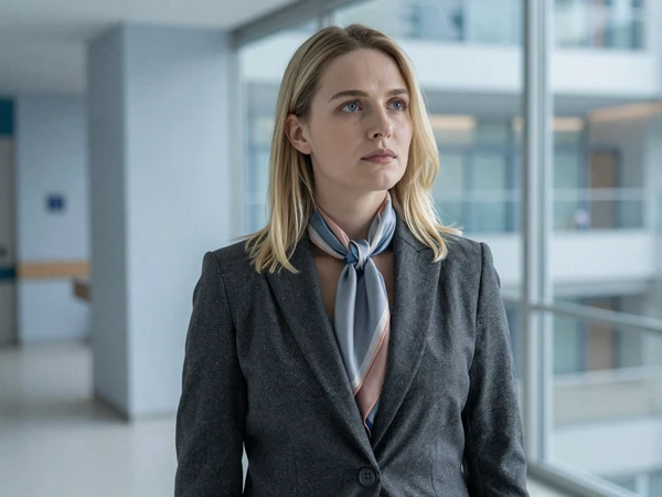 Female internist standing thoughtfully in a modern hospital lobby