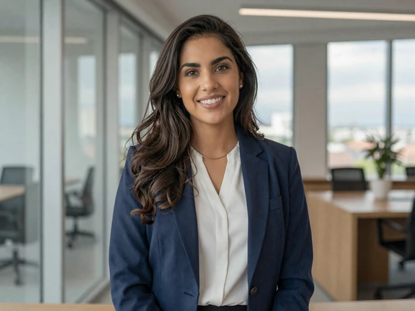 Female doctor in a navy blazer smiling confidently in a bright modern office