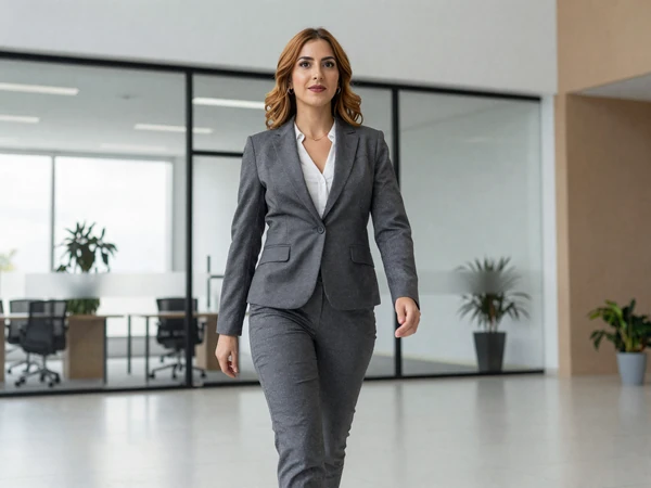 Female psychiatrist walking confidently through a modern office building lobby