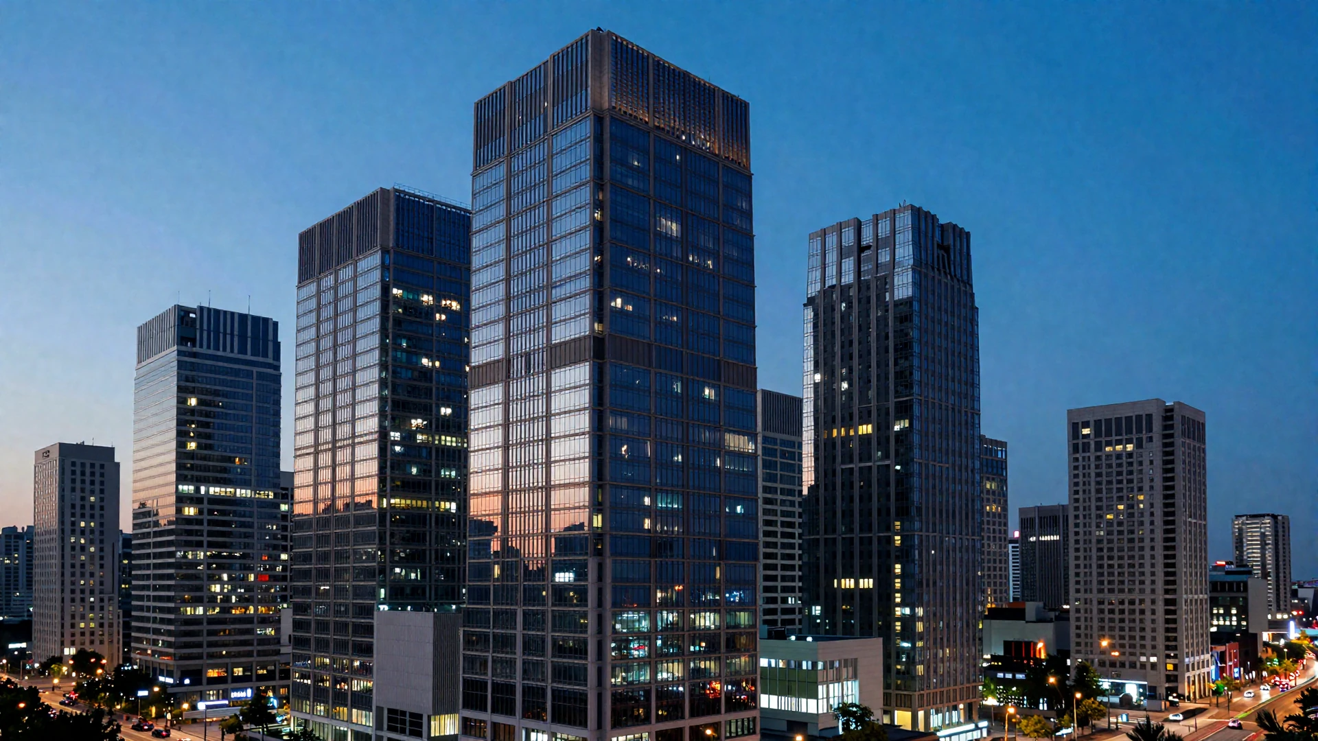 Modern city skyline at dusk with glass buildings reflecting blue tones