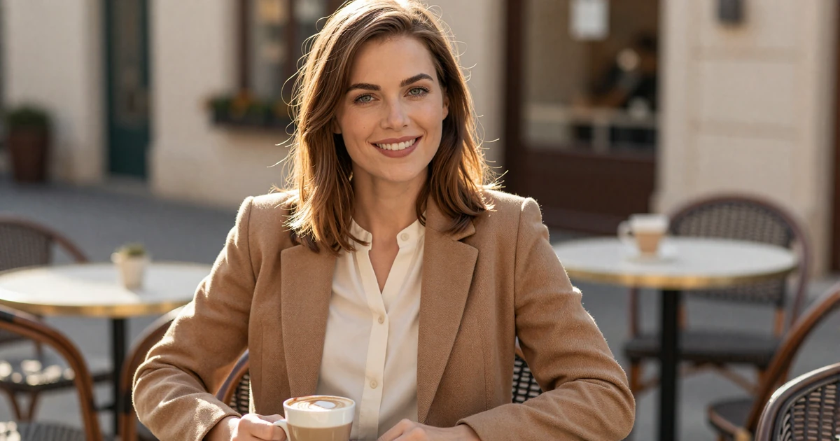 Female family doctor smiling at an outdoor cafe in autumn