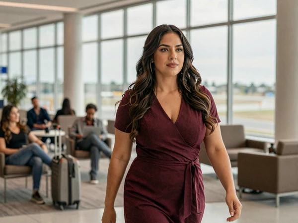 Female anesthesiologist walking confidently through a modern airport lounge