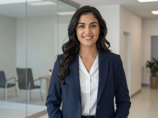 Latina female nurse in smart casual attire smiling in a bright modern clinic