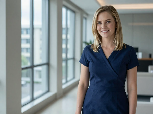 Confident female doctor in an elegant dress standing in a bright luxury apartment