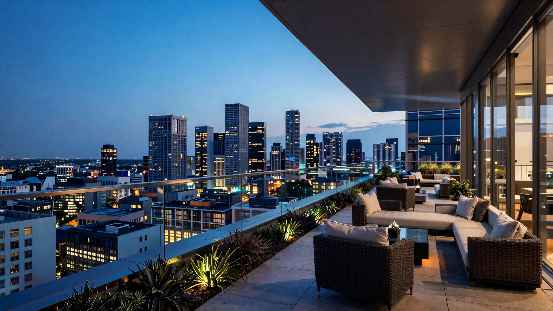 Luxurious modern city rooftop terrace at dusk with ambient lighting