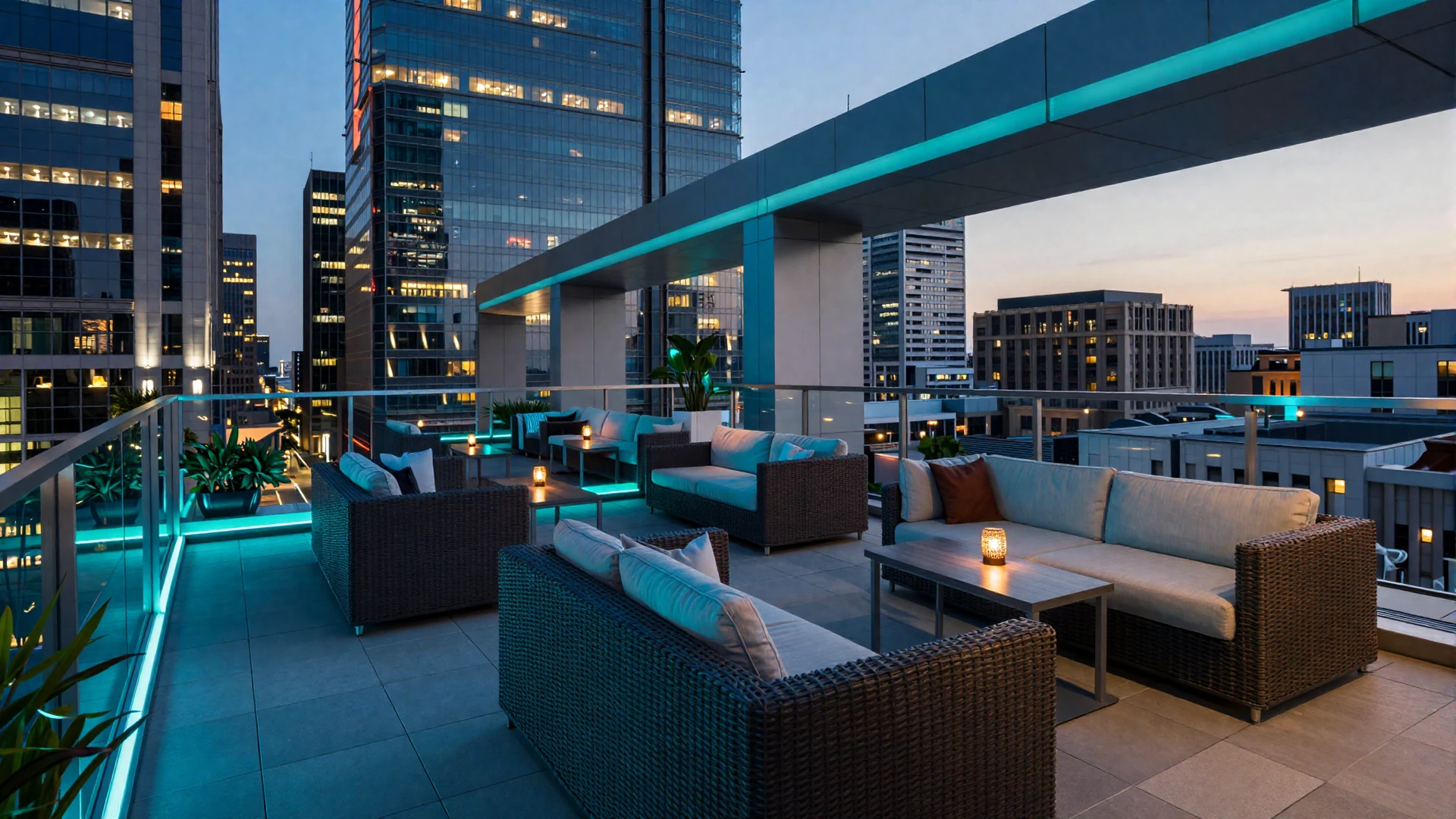 Modern upscale rooftop lounge at dusk with city skyline