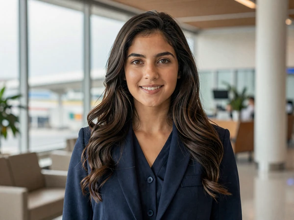 Latina travel nurse in smart casual attire smiling in an airport lounge