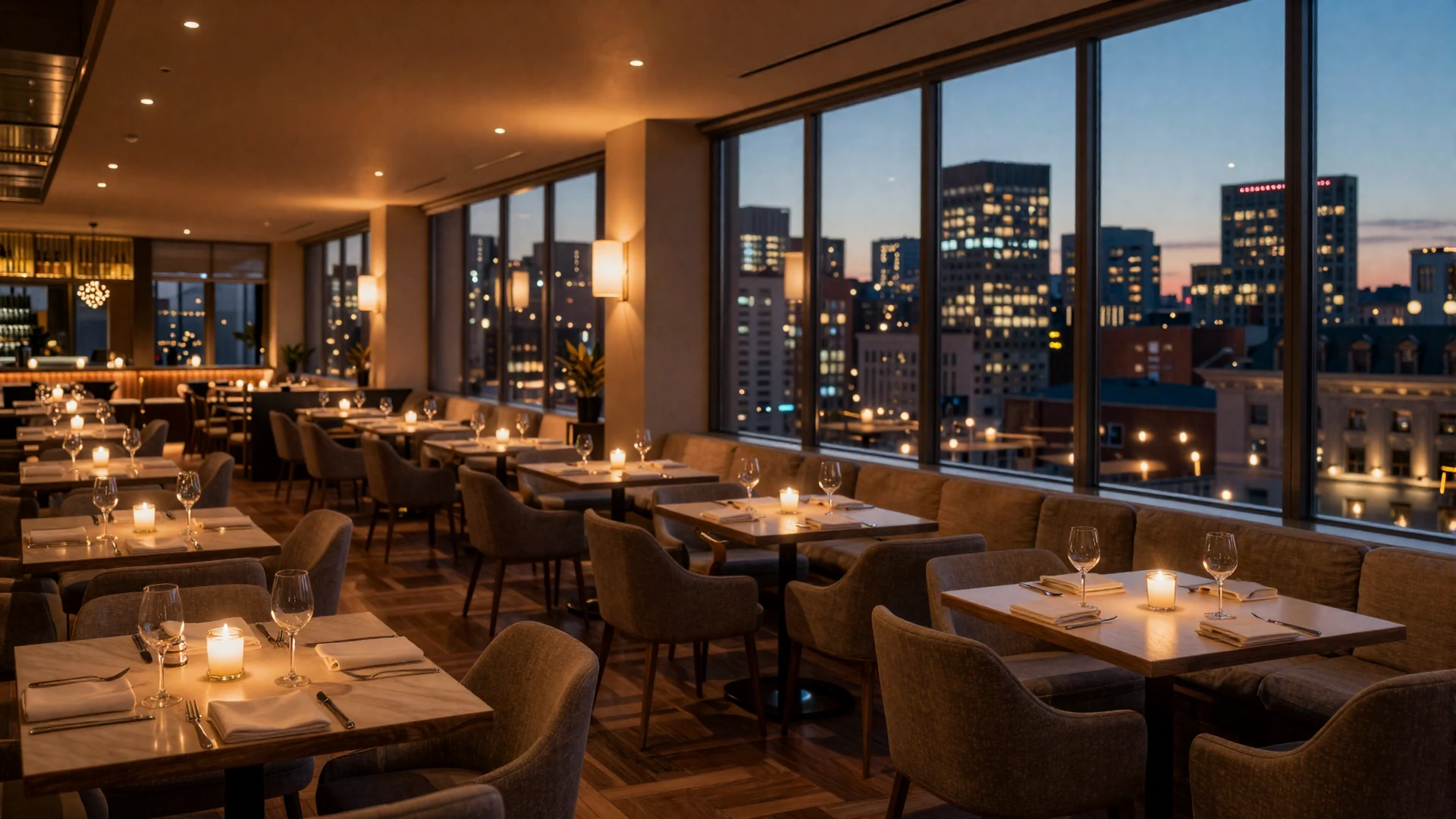Upscale restaurant interior with warm ambient lighting at dusk