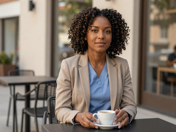 ER nurse relaxing at a modern outdoor cafe after a shift