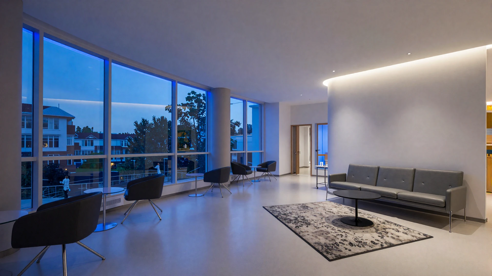 Modern neurology clinic interior with ambient blue lighting