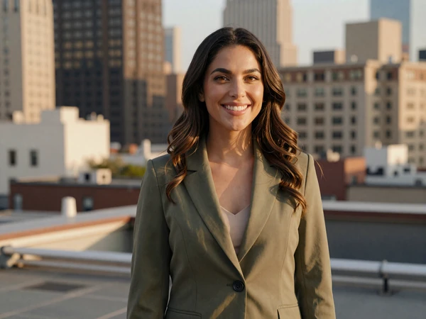 Female nephrologist on a city rooftop at golden hour