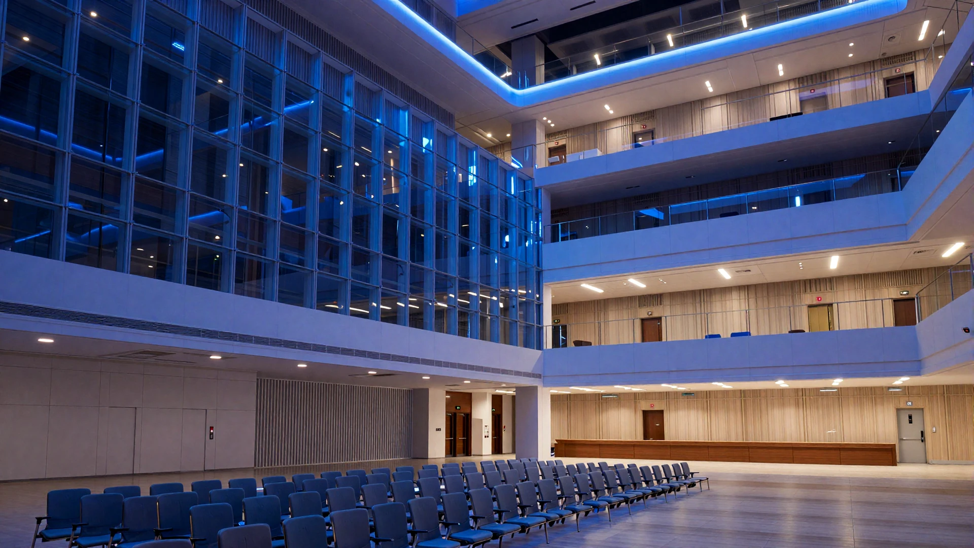 Modern medical conference hall with sleek design and ambient blue lighting