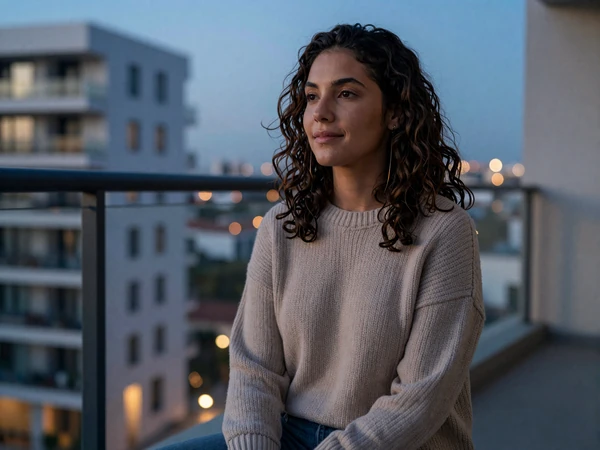 Female paramedic relaxing on an apartment balcony at dusk after a night shift