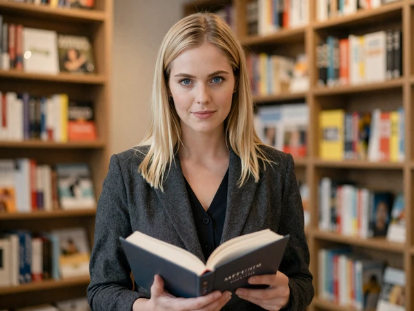 Female doctor in a blazer reading in a modern bookstore