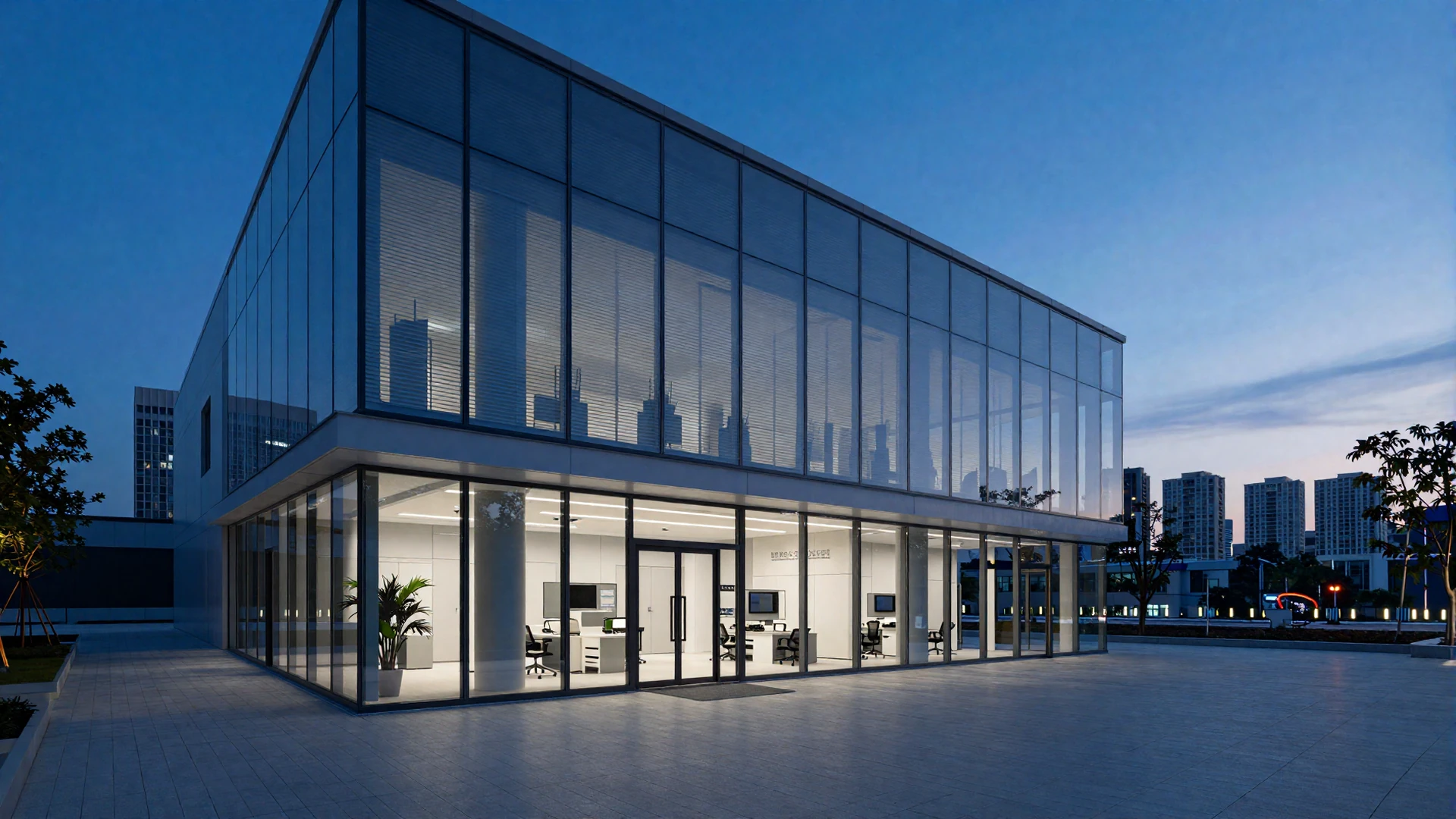 Modern medical technology office at dusk