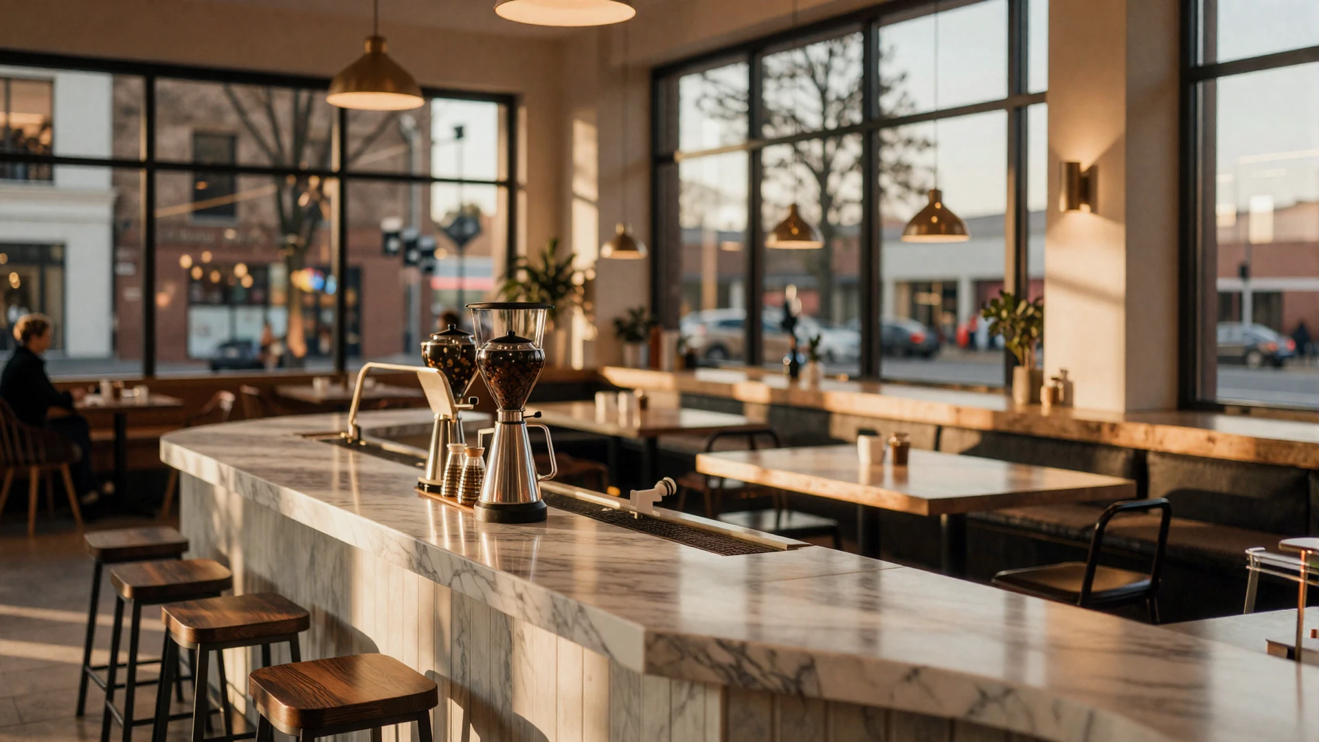 Modern upscale coffee shop interior with warm ambient lighting