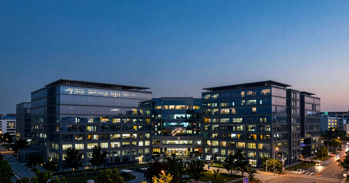 Modern medical campus skyline at dusk