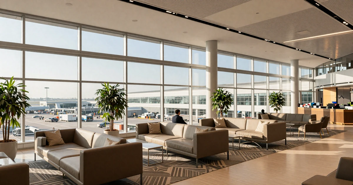 Modern airport lounge interior with large windows