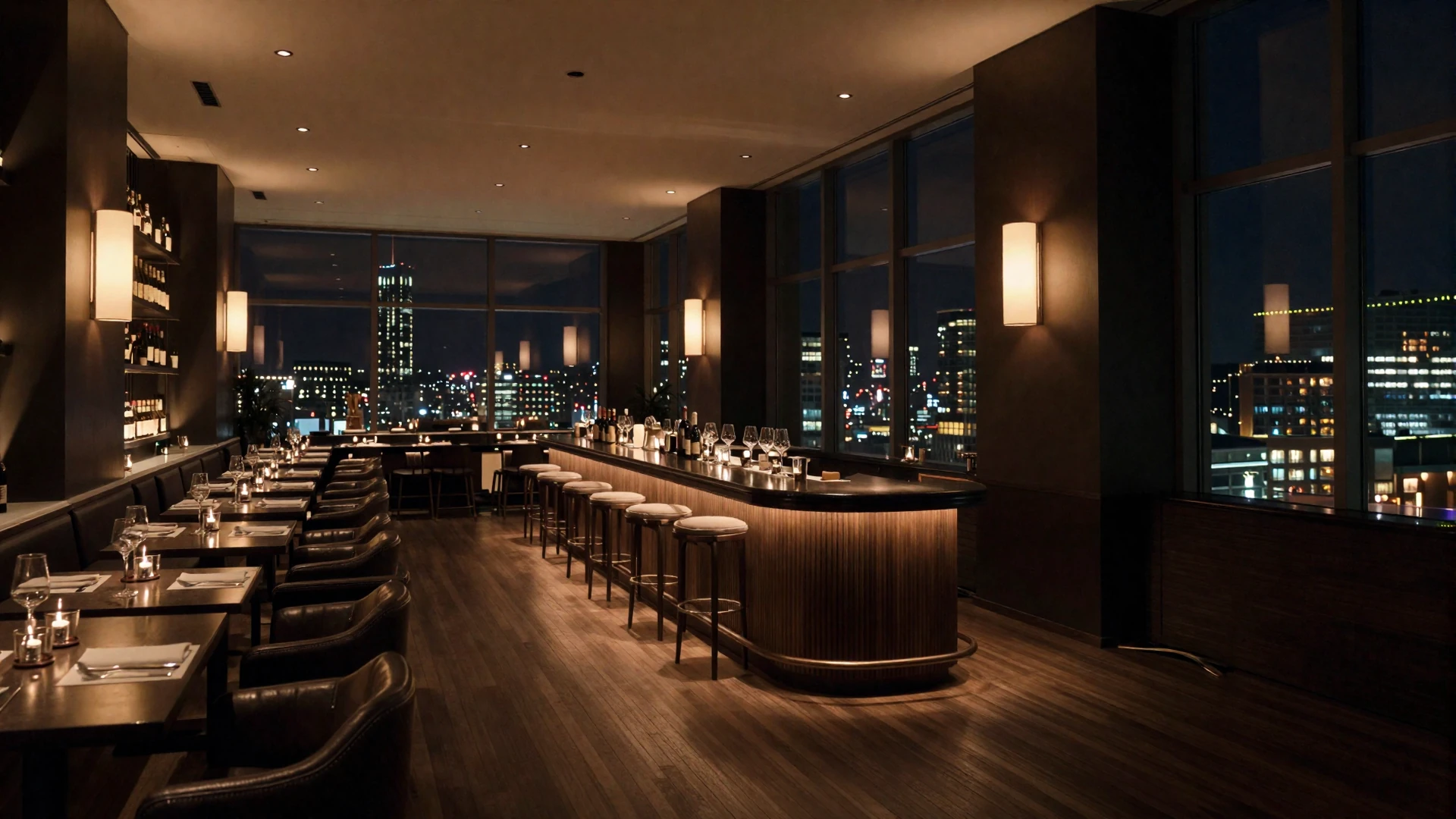Dimly lit upscale restaurant interior with ambient city lighting