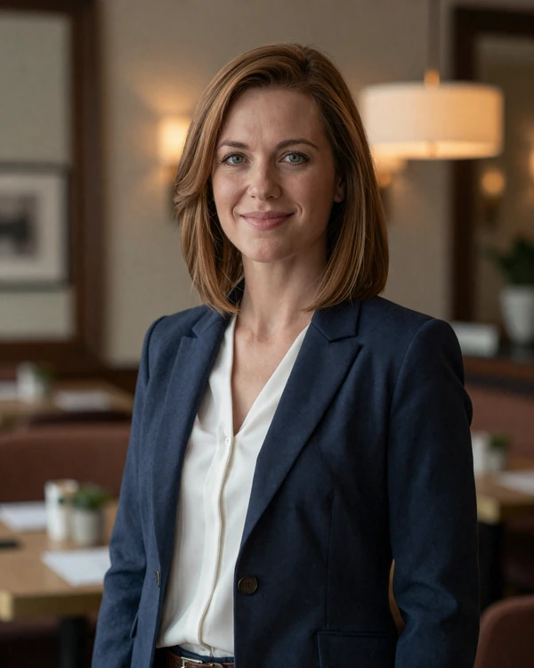 Female nephrologist smiling in an upscale restaurant