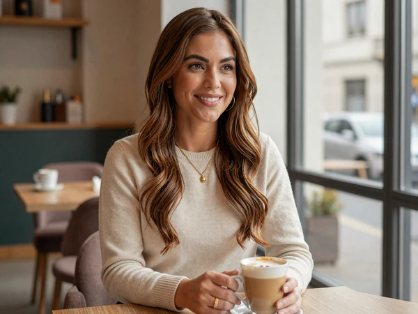 Female urologist relaxing with a coffee in an upscale modern cafe