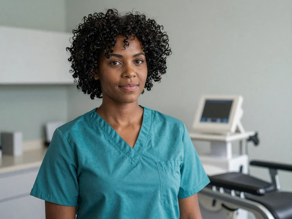 Female pulmonologist in scrubs standing confidently in a private clinic