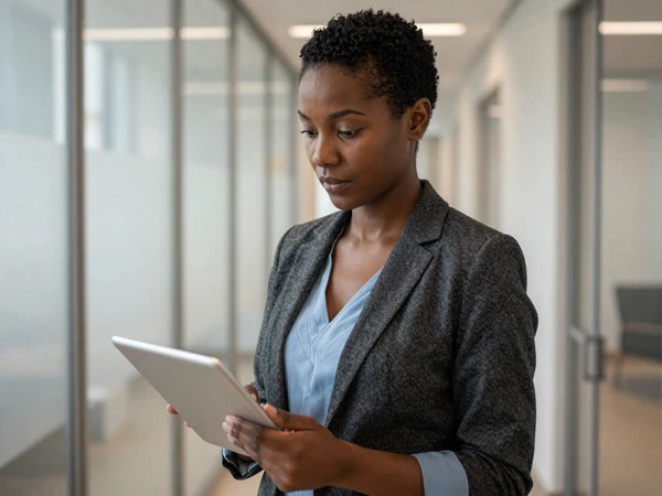 Female nurse anesthetist in a smart casual blazer checking a tablet in a modern clinic