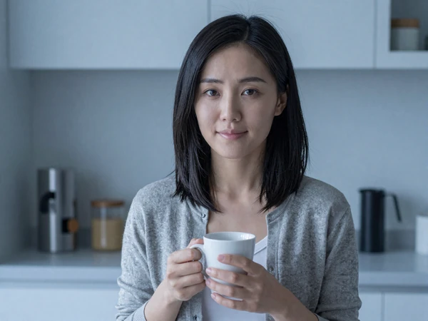 Female anesthesiologist holding coffee in a modern kitchen at dawn after a night shift