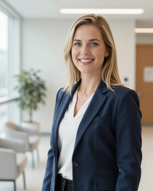 Confident female physician assistant smiling in a bright modern clinic lobby