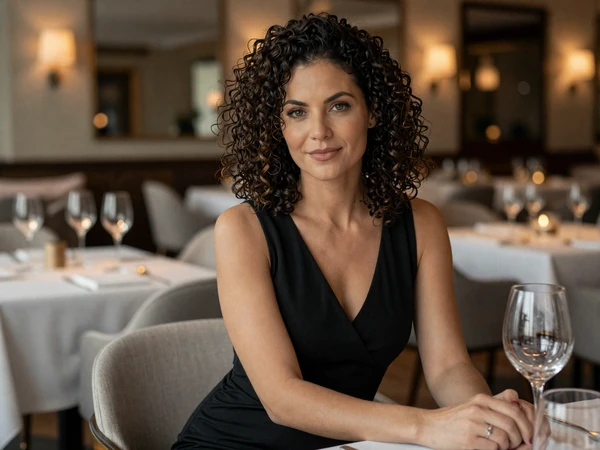 Female plastic surgeon at an upscale restaurant in the evening