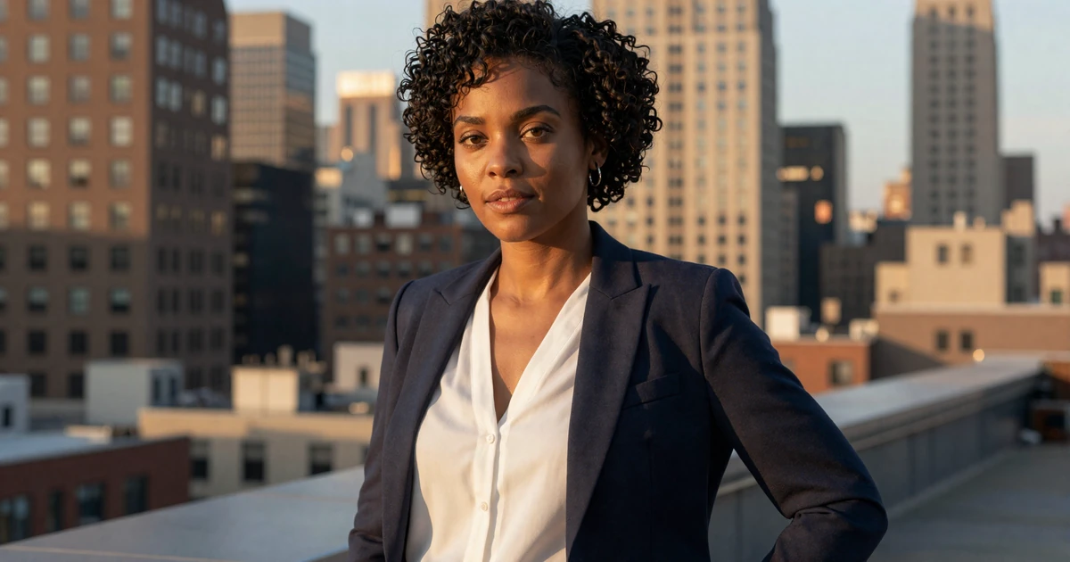 Confident female surgeon standing on a city rooftop at golden hour