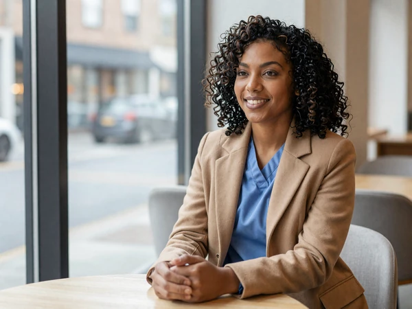 Surgical nurse relaxing at a modern coffee shop after a shift