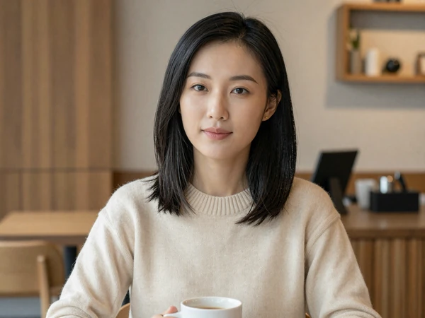 Female dermatologist relaxing with coffee in an upscale modern cafe