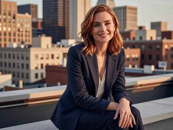 Female respiratory therapist relaxing on a city rooftop at golden hour