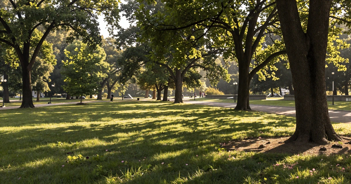 Serene park with dappled sunlight