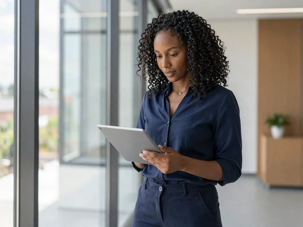 Radiology tech reviewing a tablet in a bright modern office