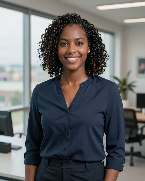 Radiology tech smiling confidently in a bright modern office