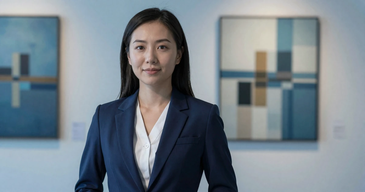 Surgical nurse in an elegant blazer visiting a modern art gallery