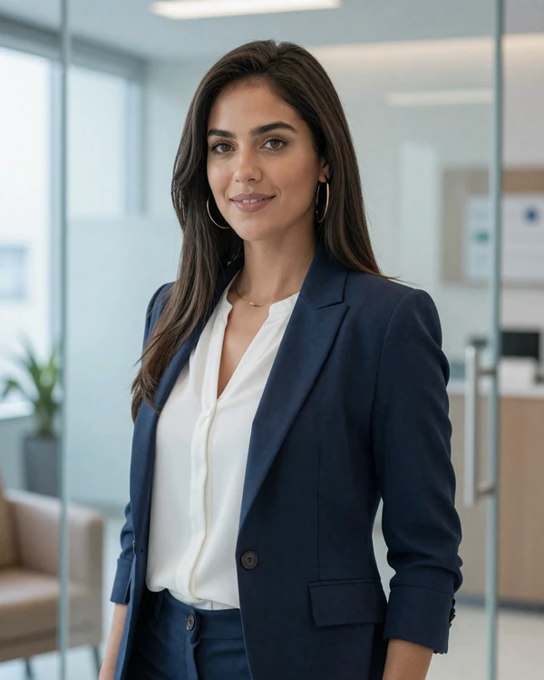 Female pulmonologist smiling confidently in a modern clinic lobby