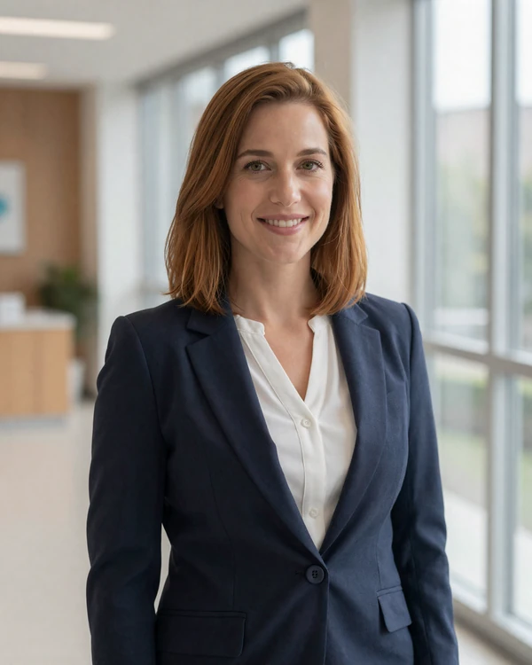 Female otolaryngologist smiling in a bright modern clinic lobby