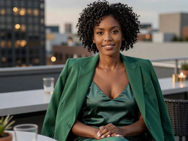 Female physician relaxing at a rooftop bar at twilight
