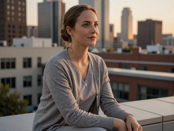 Female nurse midwife relaxing on a city rooftop at golden hour