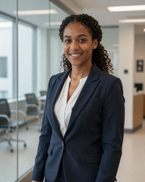 Confident female nurse anesthetist in a navy blazer in a modern clinic lobby