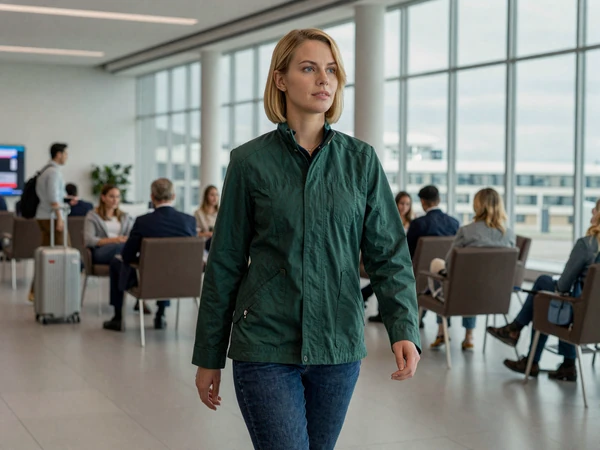 Female emergency physician walking confidently through a modern airport lounge