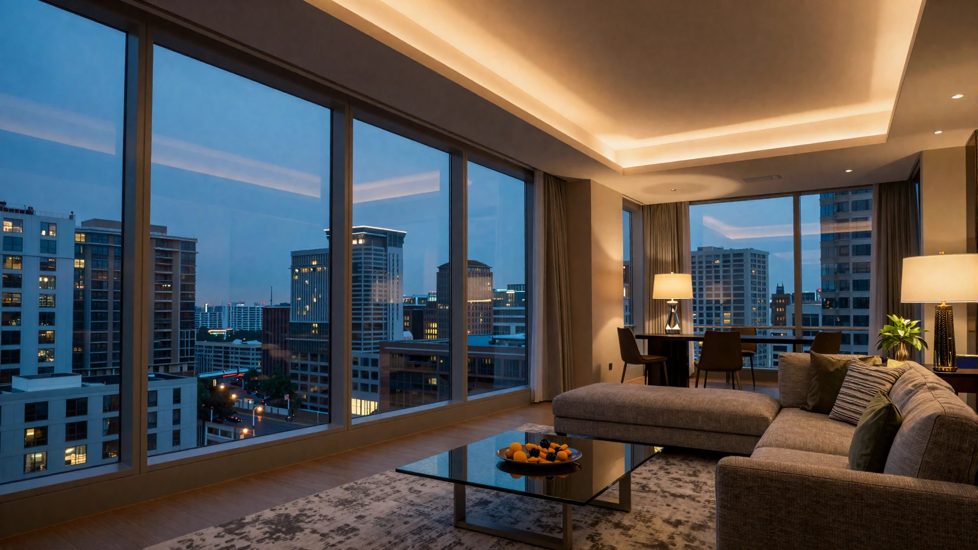 Modern luxury apartment interior with city skyline at dusk