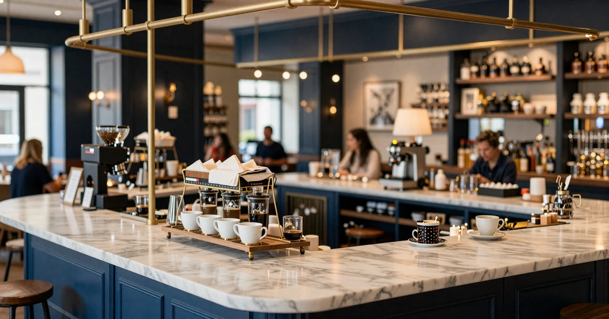 Modern upscale coffee shop interior with warm ambient lighting and dark blue tones
