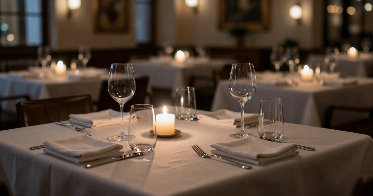 Upscale restaurant table with soft candlelight and wine glasses in an elegant dining room