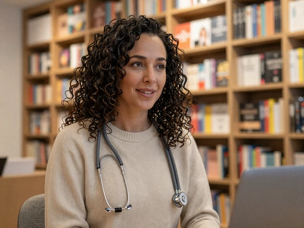 Female nephrologist reading in a modern bookstore